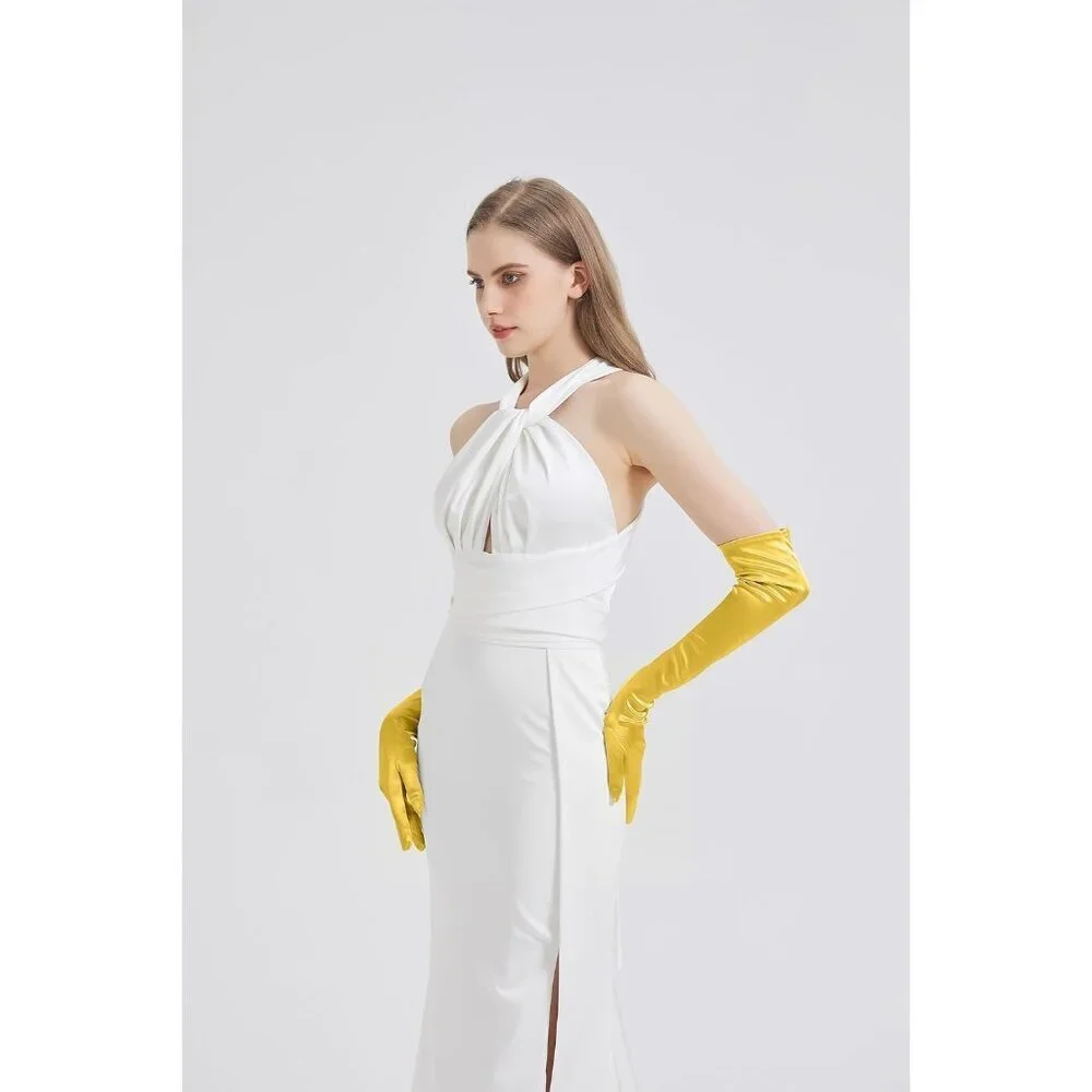 Women's Golden Yellow Imported Satin Elbow Length Halloween Cosplay Opera Gloves
